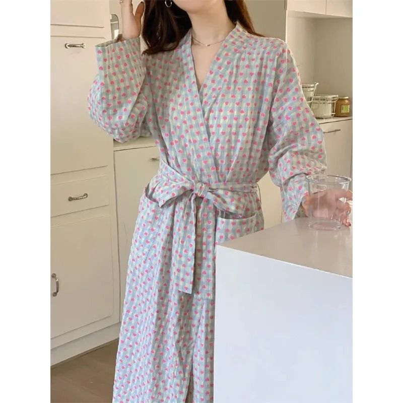 Love Plaid Long Kimono Robe Set – Professional V-Neck Bathrobe & Lace-Up Trousers Nightgown