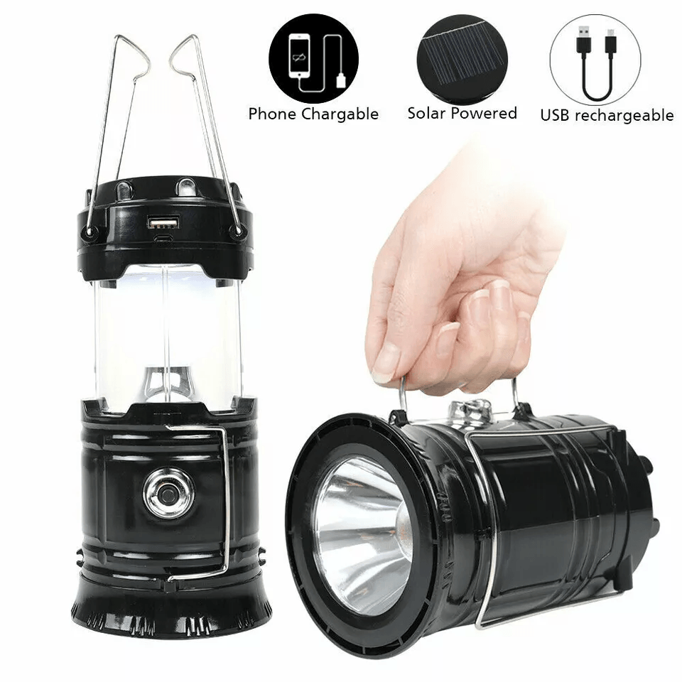 USB Solar Portable LED Flashlight Rechargeable Camping Light, Multi-Mode Foldable Lantern Lamp for Outdoors, Emergency