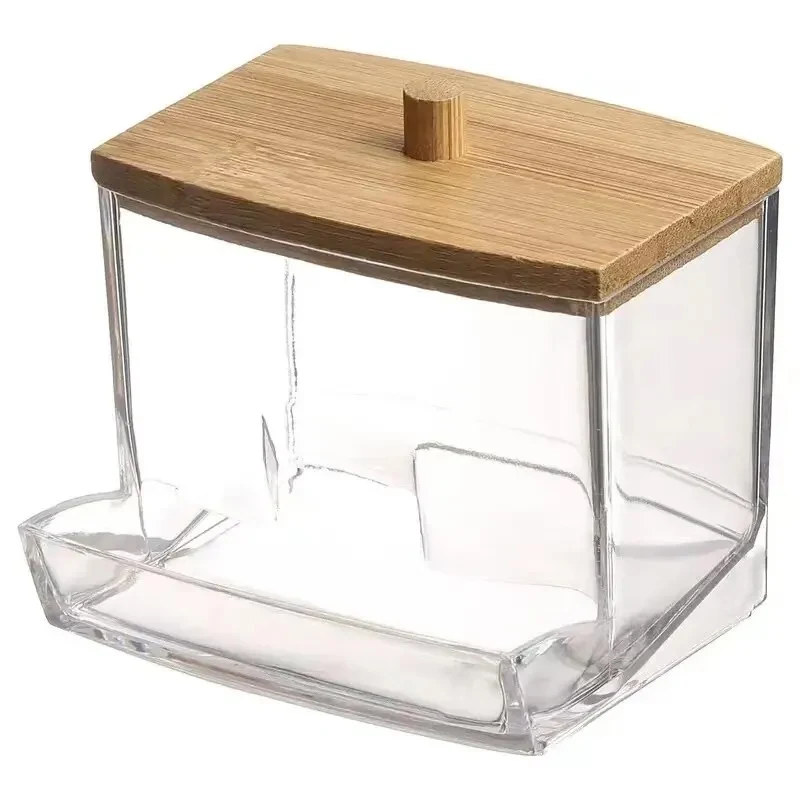 Bamboo Cover Cotton Swab Organizer, Transparent Square Cotton Buds Container