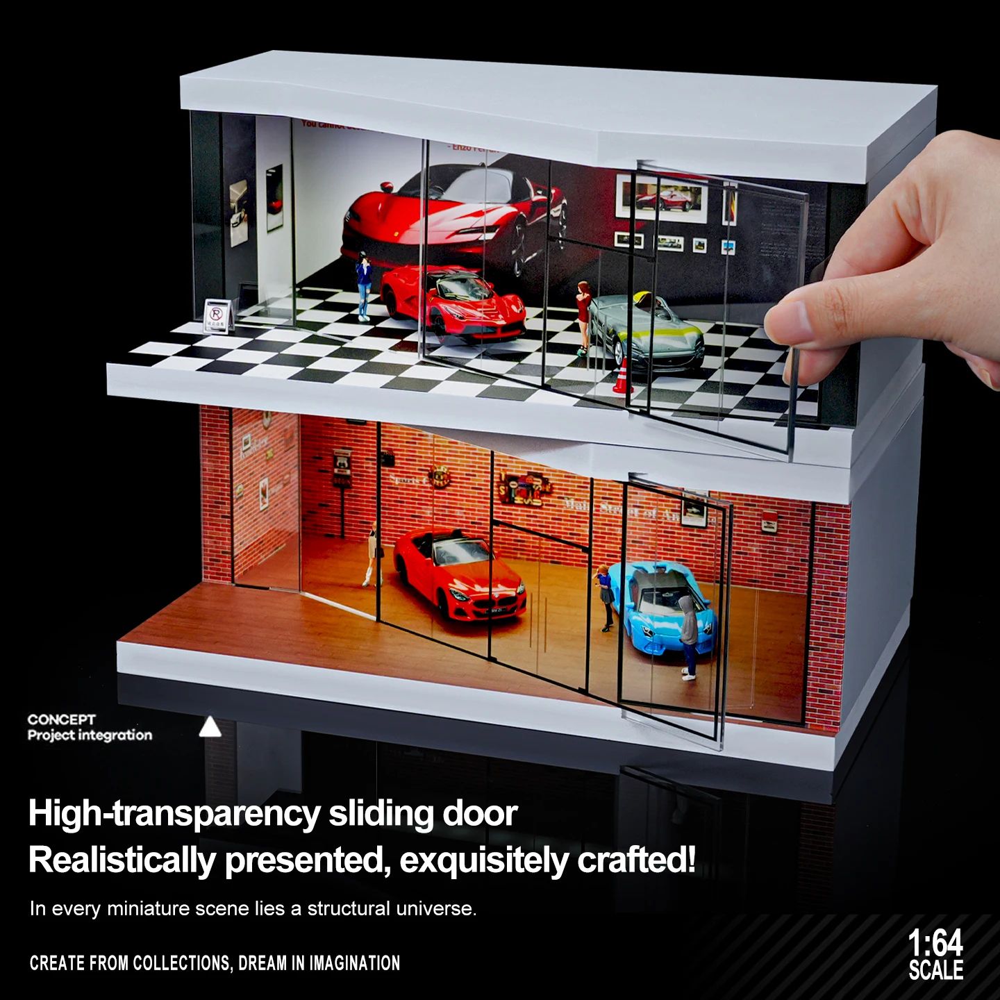 1/64 Scale Garage Diorama Display Box with LED Lights - Miniature Parking Lot & Auto Shop Scene for Diecast Cars