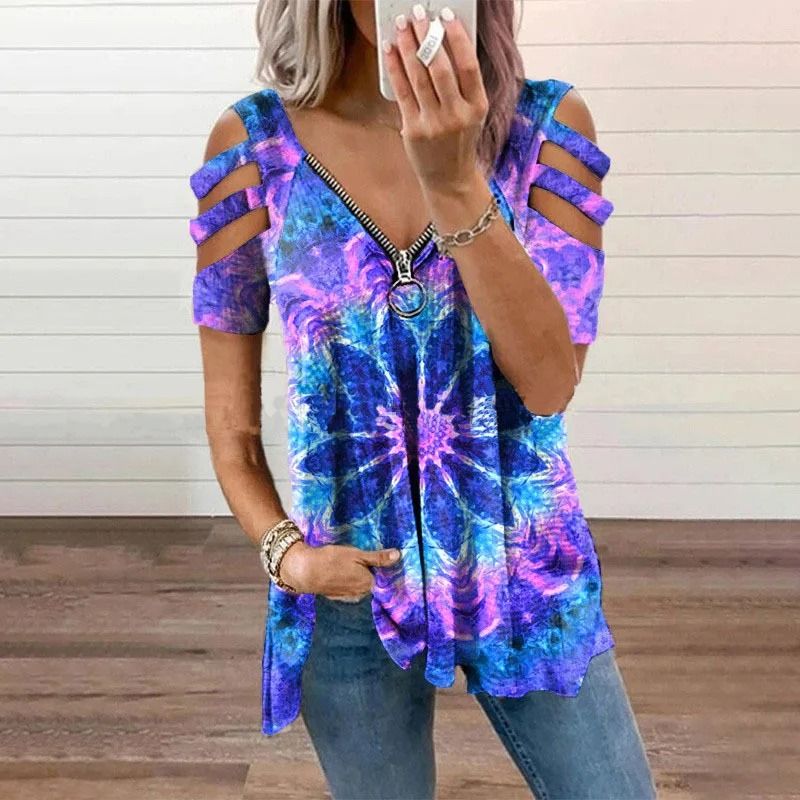 Summer Cold Shoulder Leopard Print Zipper V Neck Loose Casual Blouse