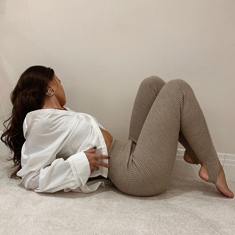 Women's Ribbed Cotton Knit Leggings, Female Stretch Skinny Leggings