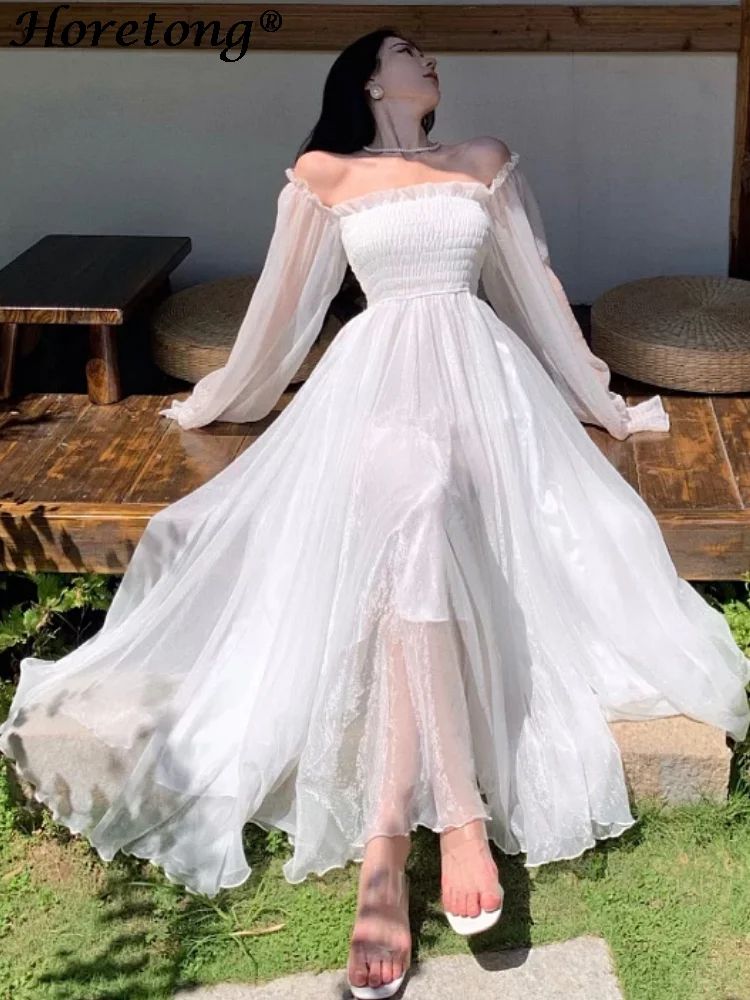Elegant White Off-Shoulder Maxi Party Gown – Flowy Ruffle Holiday Dress