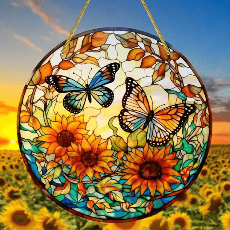 Butterfly Stained Acrylic Suncatcher Round Window Hanging Decor for Home & Garden