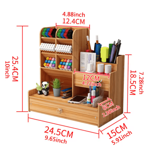 Multi Functional Wooden Pen Holder with Drawer for Desk and Vanity Storage