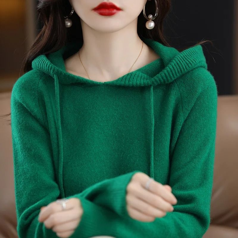 Casual Womens Knitted Hoodie Sweater Loose Drawstring Pullover Hoodie
