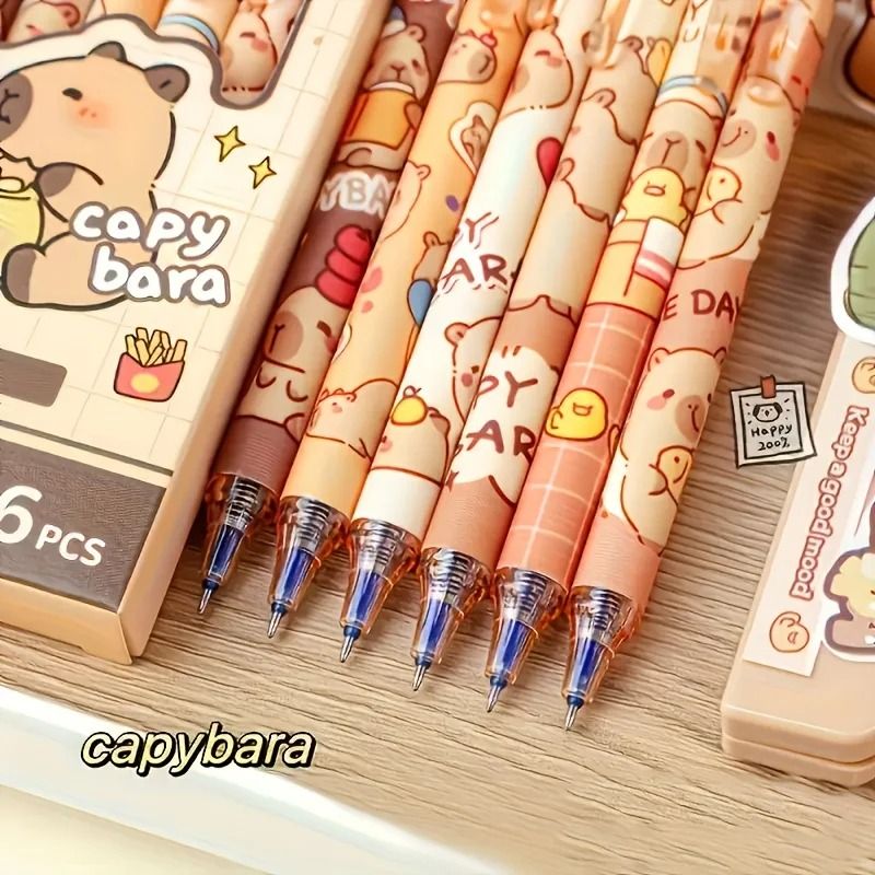 6-Piece Cute Capybara Erasable Gel Pen Set – 0.5mm Retractable Blue Ink for Effortless Writing & Editing