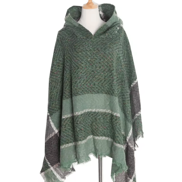 Hooded Fishbone Pattern Women Cape Poncho Autumn Winter Pullover Women Hooded Cloak