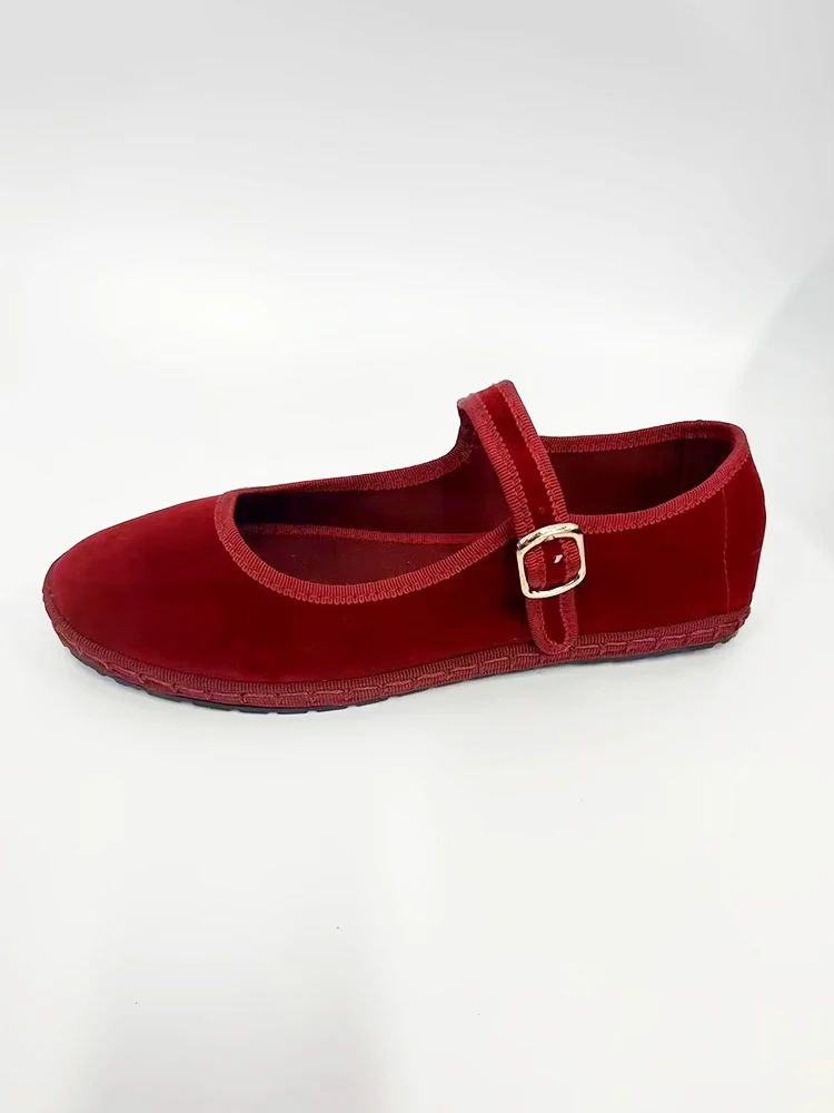 Women Velvet Mary Jane Shoes Hand Stitch Solid Red Flats, Casual Streetwear Cloth Ballet Pumps Loafers