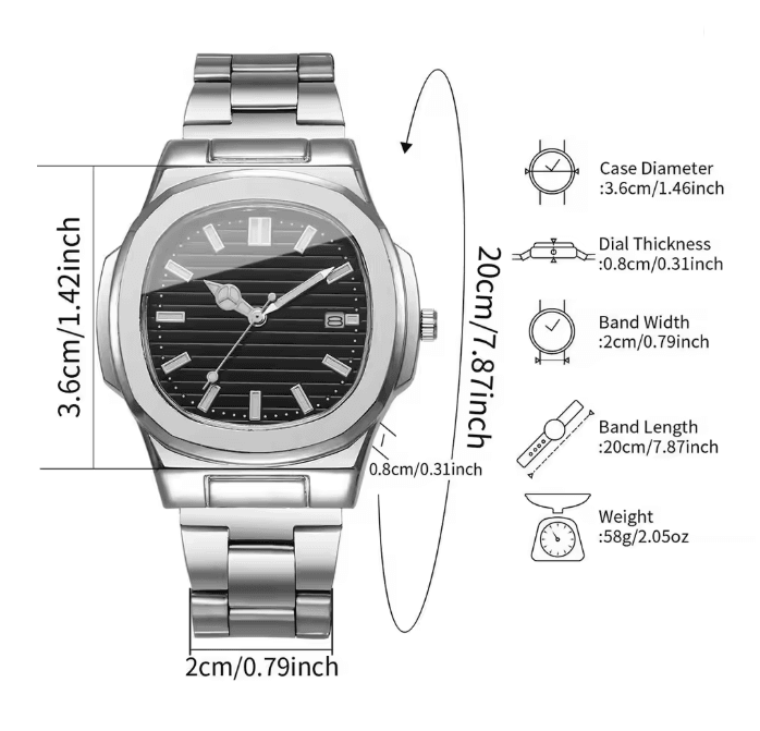 Luxury Square Dial Mens Quartz Watch Stainless Steel Business Style