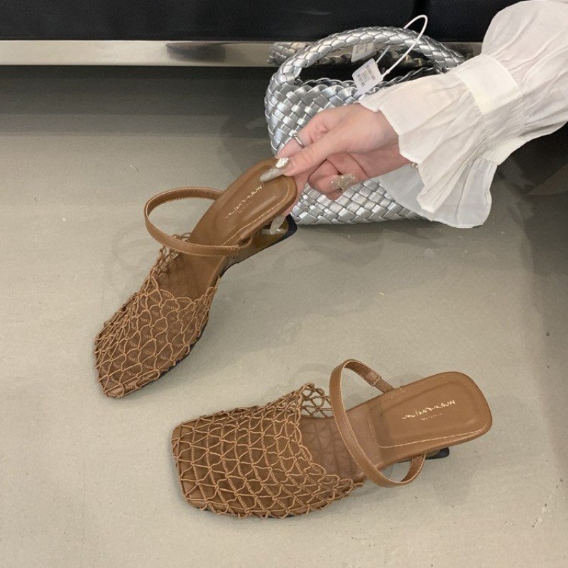 Women Mesh High Heel Sandals Square Toe Slingback Summer Pumps