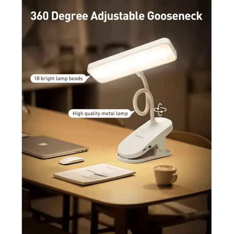 USB Rechargeable Clip-On LED Desk Lamp – Flexible Gooseneck Eye-Care Reading Light