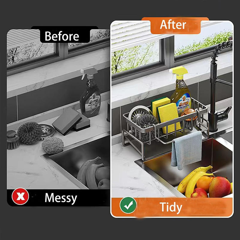 Stainless Steel Faucet Caddy, Kitchen Sink Organizer with Drain for Dish Soap, Scrubbers & Sponges