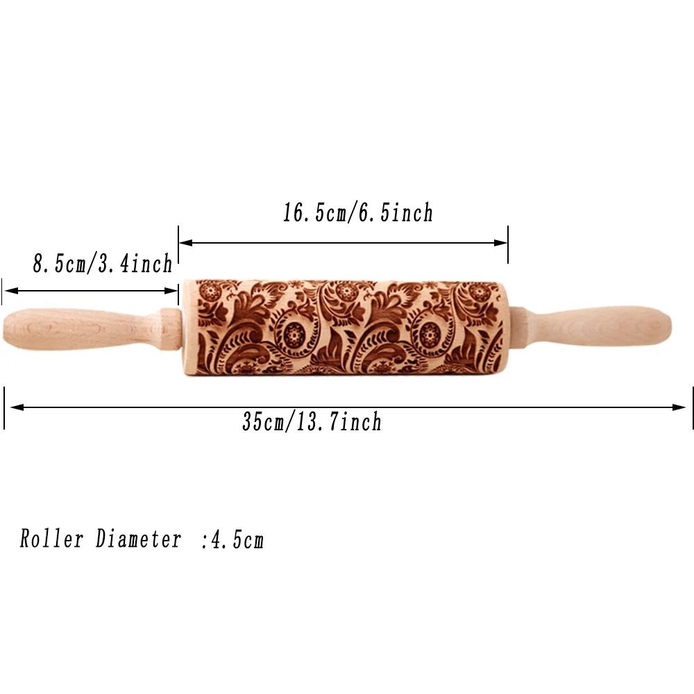 European Retro Flower Embossed Wooden Rolling Pin 13.78 Inch Beech Wood Cookie Roller