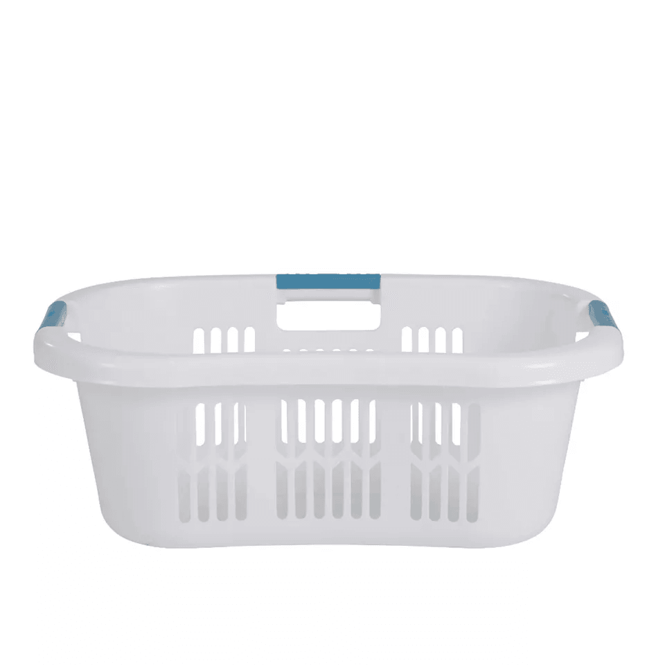 Rubbermaid Bushel Hip Hugger Laundry Basket, White Plastic, Portable & Comfortable for Home Use