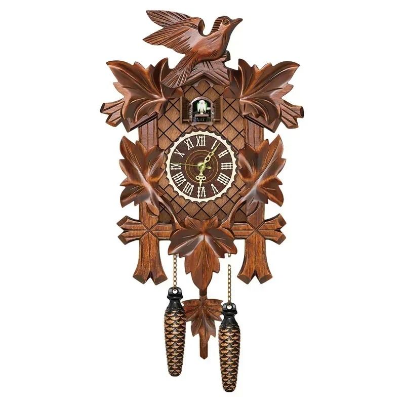 Wooden Cuckoo Wall Clock with Bird Alarm and Silent Quartz Movement