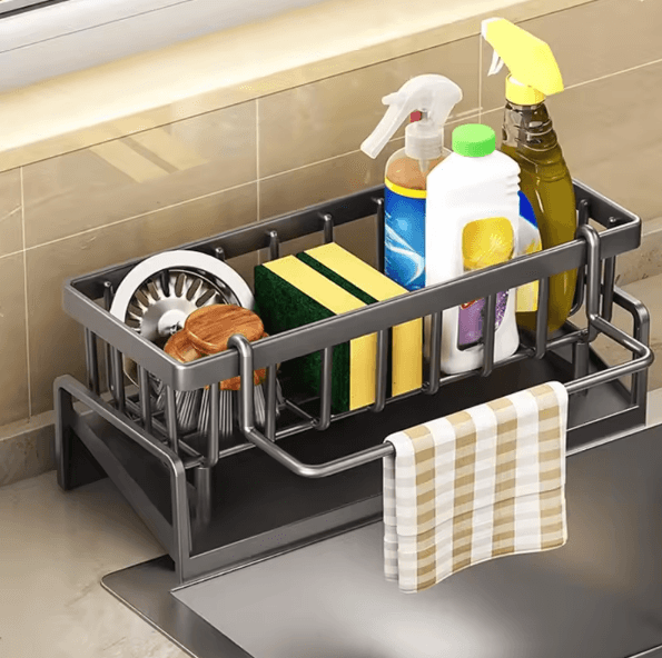 Kitchen Sink Organizer Carbon Steel Sponge Holder with Tilted Drain Tray Storage Rack for Brushes and Soap