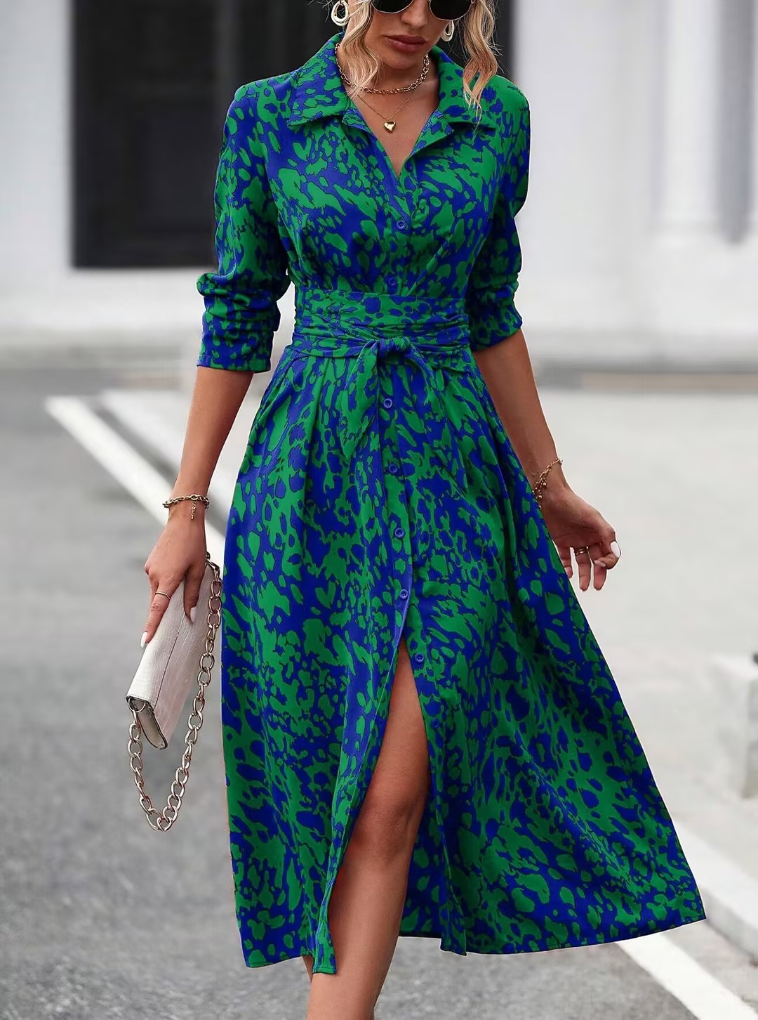 Women's Long Sleeve Belted Waist Midi Dress, Elegant Random Print Button Down Shirt Dress, Spring Fall Office Casual