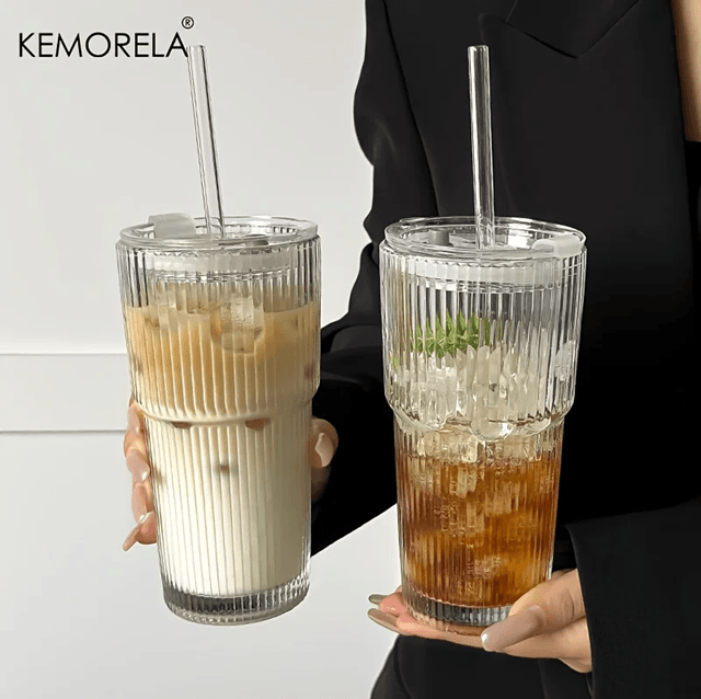 Glass Coffee Cup with Lid and Straw 600ml Transparent Iced Drinkware