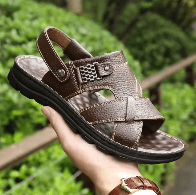 Genuine Leather Mens Beach Sandals with Thick Non-Slip Sole