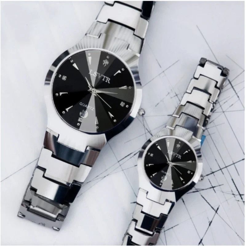 Tungsten Steel Quartz Watch with Calendar Unisex Couple Watch