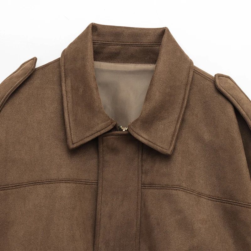HXAO Cropped Suede Bomber Jacket Women Lapel Zipper Racing Coat