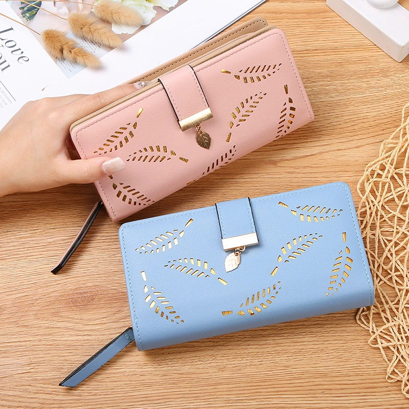 Sleek Womens Long PU Leather Wallet with Intricate Leaf Design, Large Capacity Cardholder Clutch