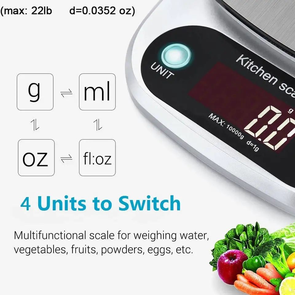 22 lb Digital Kitchen Scale with Tare Function – Stainless Steel Food & Jewelry Weighing Scale with LCD Display