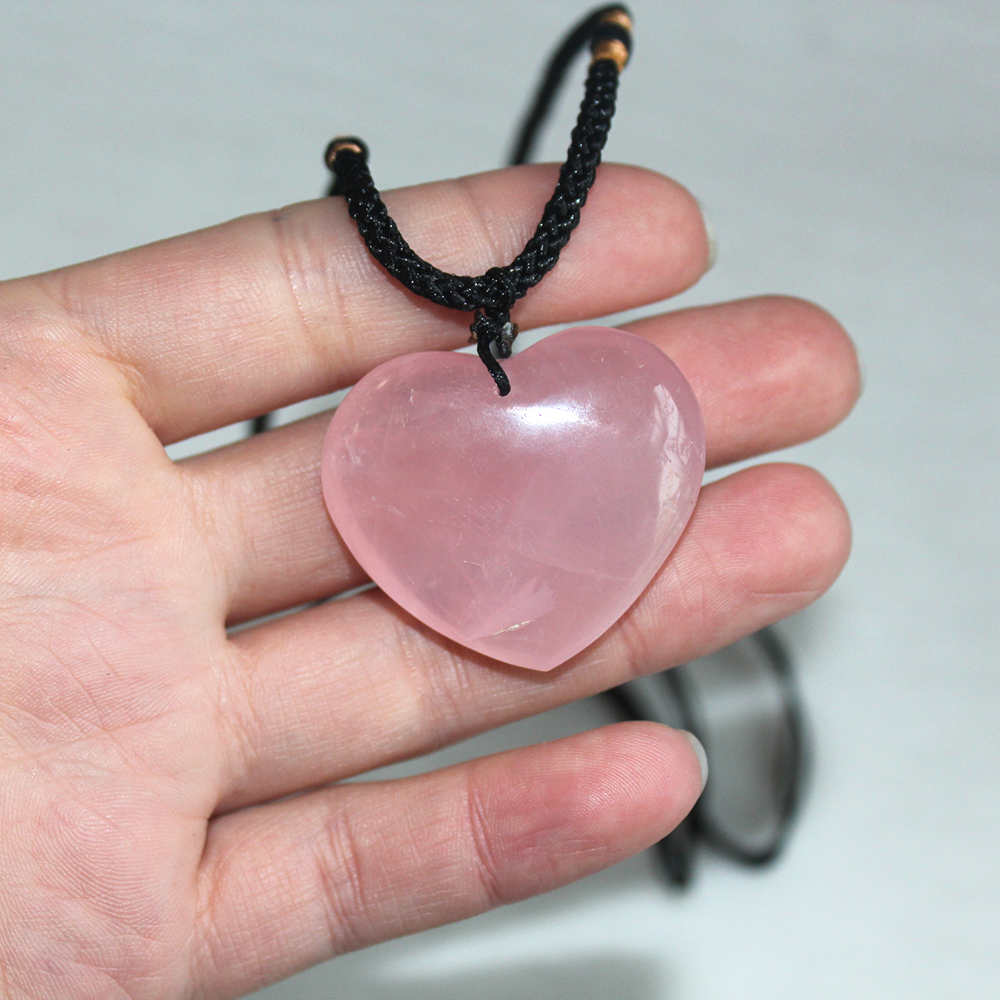 Rose Quartz Pink Crystal Pendant, Love Heart Shape Natural Healing Stone, Powder Crystal Necklace Jewelry