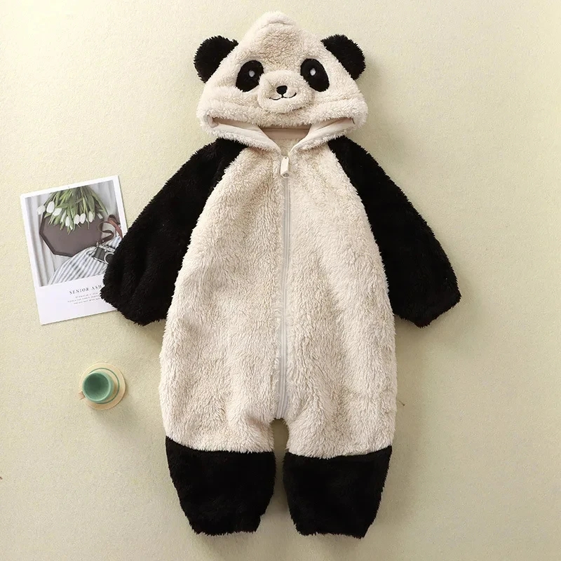 Soft Fleece Baby Winter Romper Cartoon Panda Bunny Hooded Jumpsuit for Boy Girl Clothes, Thick Toddler Sleepwear