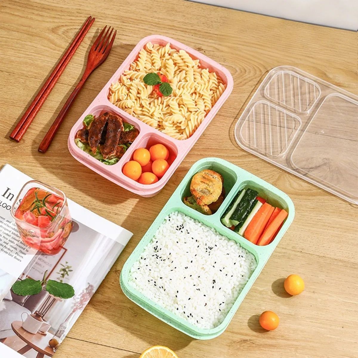 Divided Bento Lunch Box Microwave Safe 3 Compartment Portable Food Container