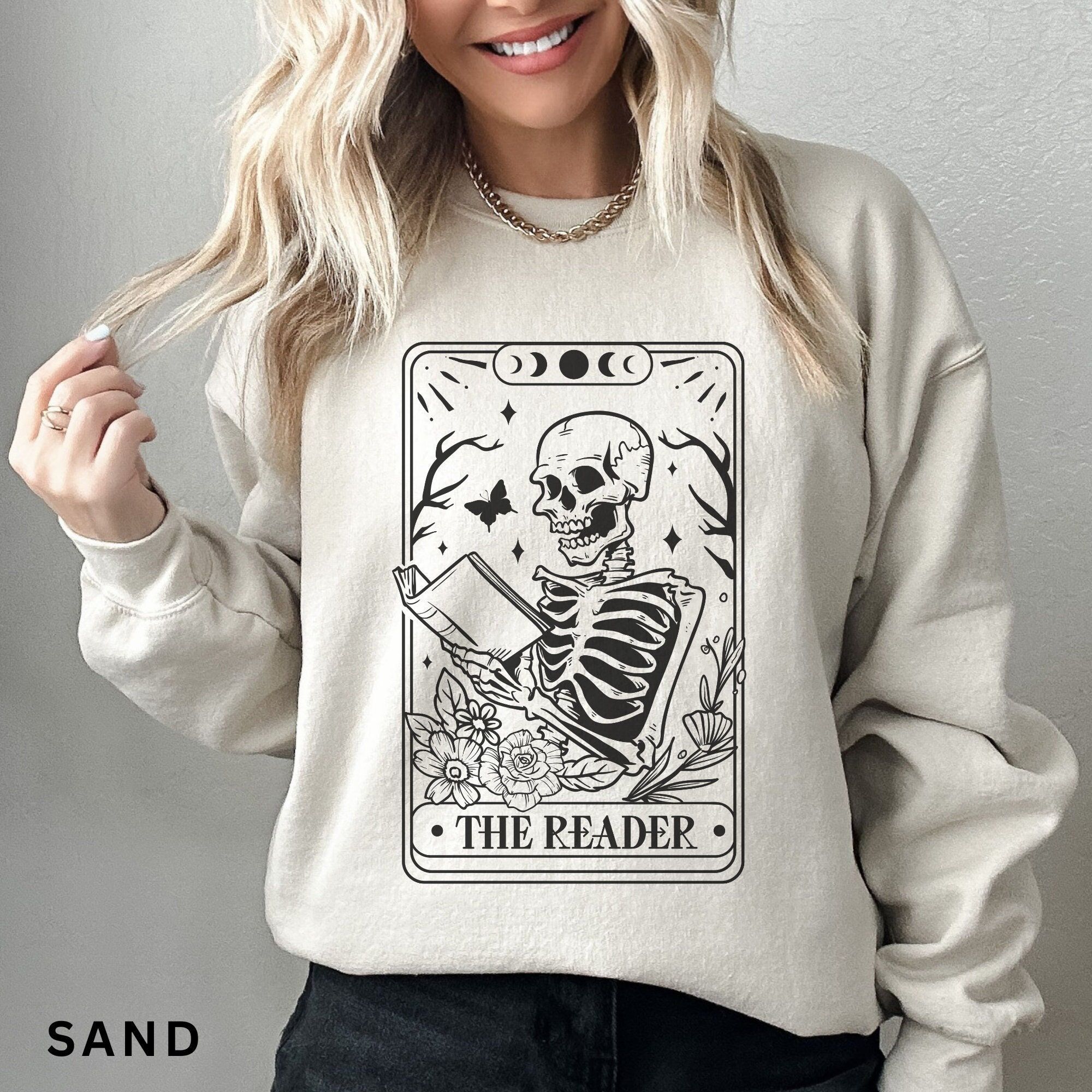 The Reader Tarot Card Sweatshirt, Book Lover Gift, Bookish Shirt, Skeleton Reading Shirt, Tarot Card Sweatshirt