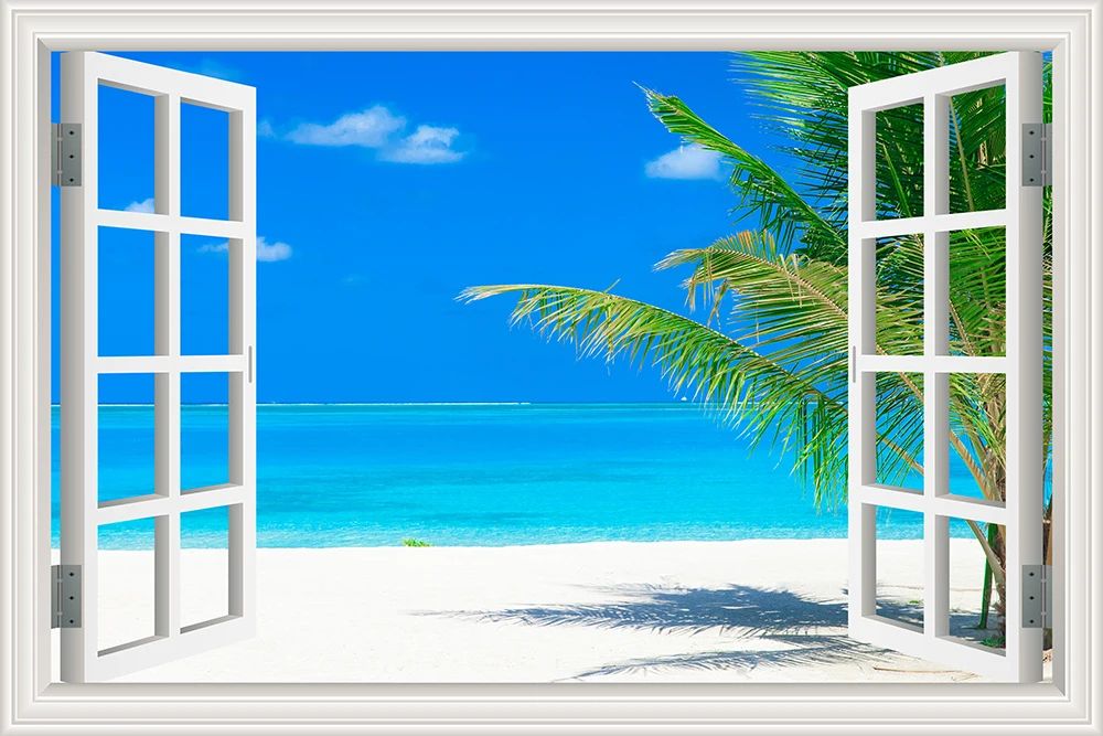 3D Beach Window View Wall Sticker – Ocean Sky Landscape Peel & Stick PVC Wallpaper