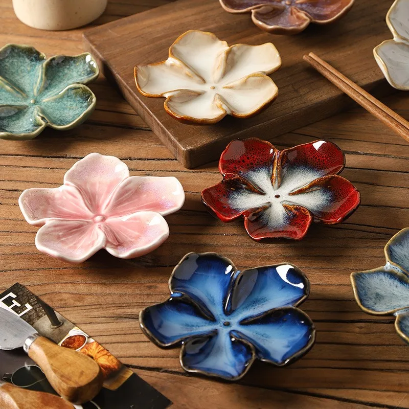 Vintage Flower Shaped Ceramic Sauce Dish Multi Color Mini Decorative Plate