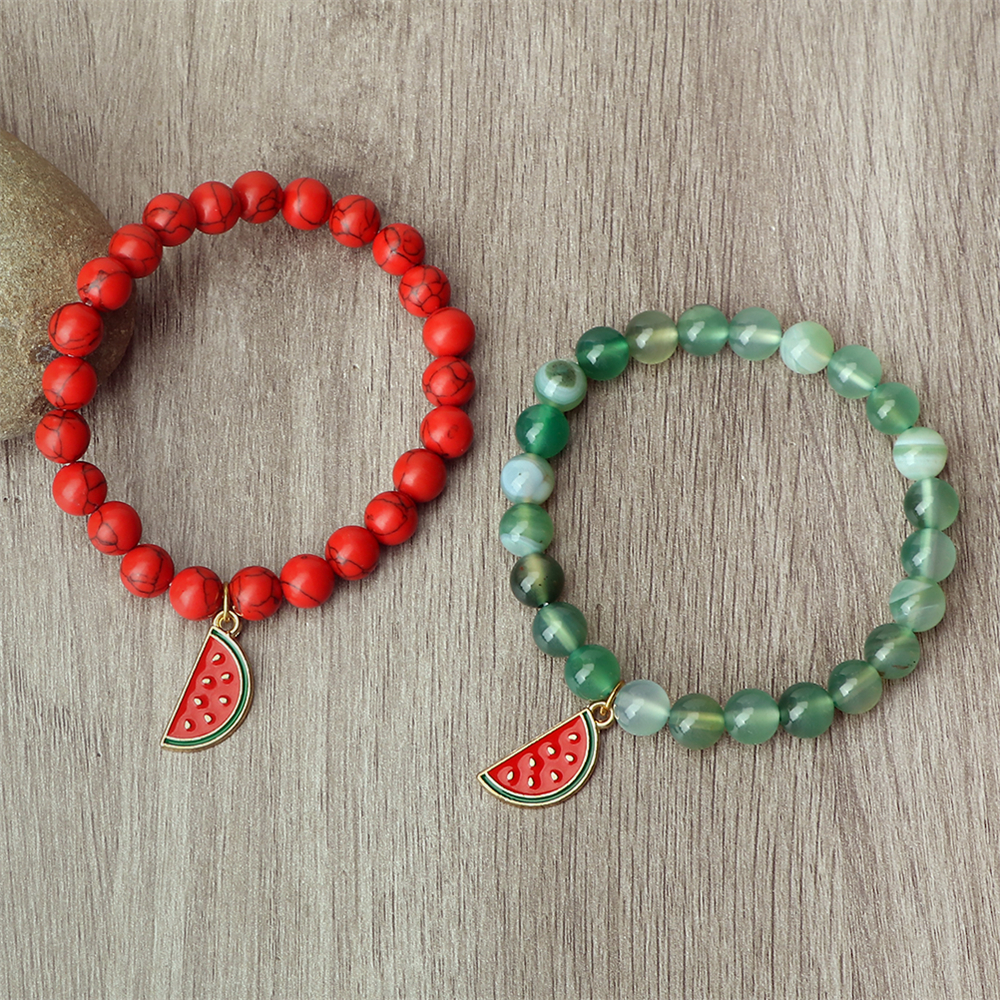 Natural Striped Agate Stone Bracelet Energy Healing Beads with Watermelon Pendant Charm for Women and Men