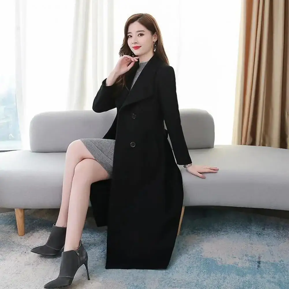 Elegant British Style Women Woolen Coat, Double Breasted Waist Tight, Suit Collar Long Cardigan, Mid Calf Length