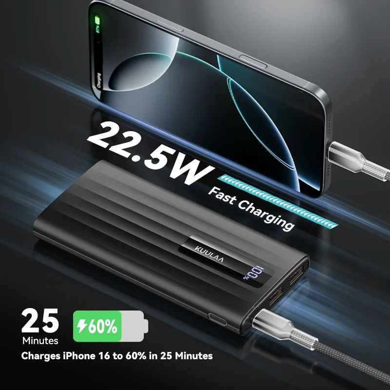 KUULAA 10000mAh Power Bank – 22.5W PD Fast Charging Portable Charger for iPhone 15, 14, 13 & Samsung