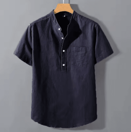 Mens Short Sleeve Stand Collar T Shirt Breathable Loose Cotton Summer Top with Pocket