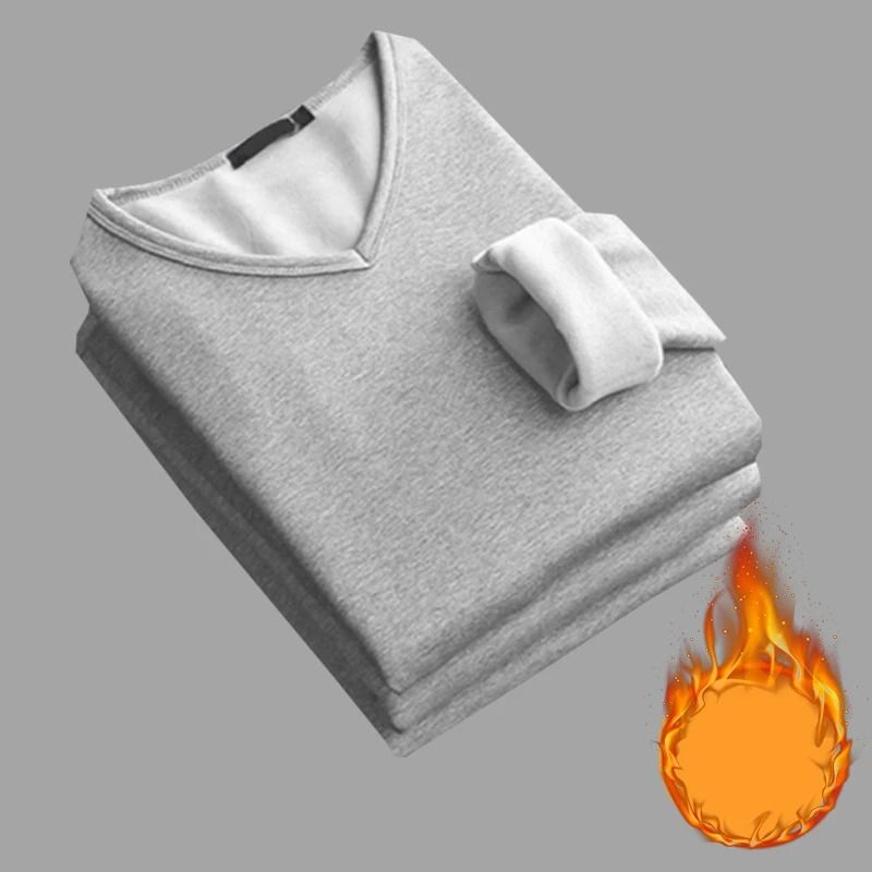 Mens V Neck Thermal Shirt Fleece Lined Winter Base Layer Top