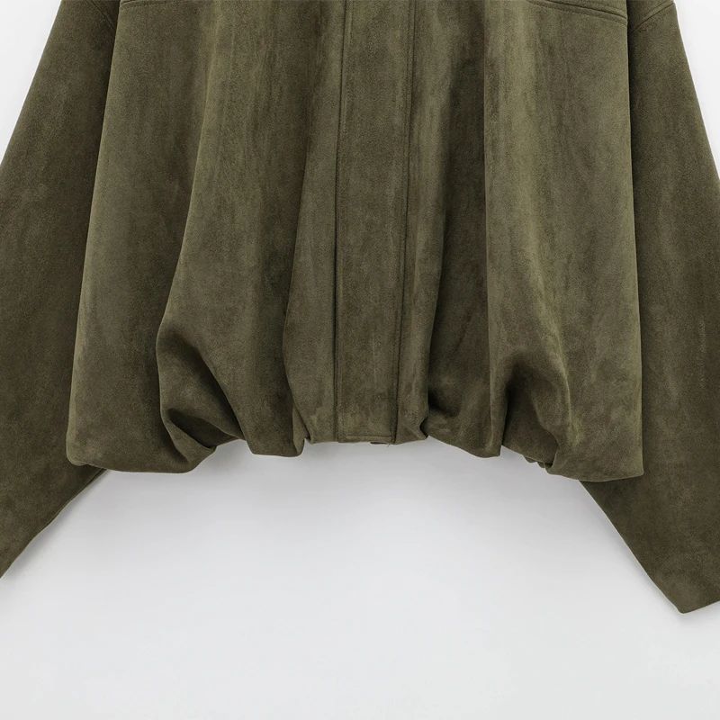 HXAO Cropped Suede Bomber Jacket Women Lapel Zipper Racing Coat