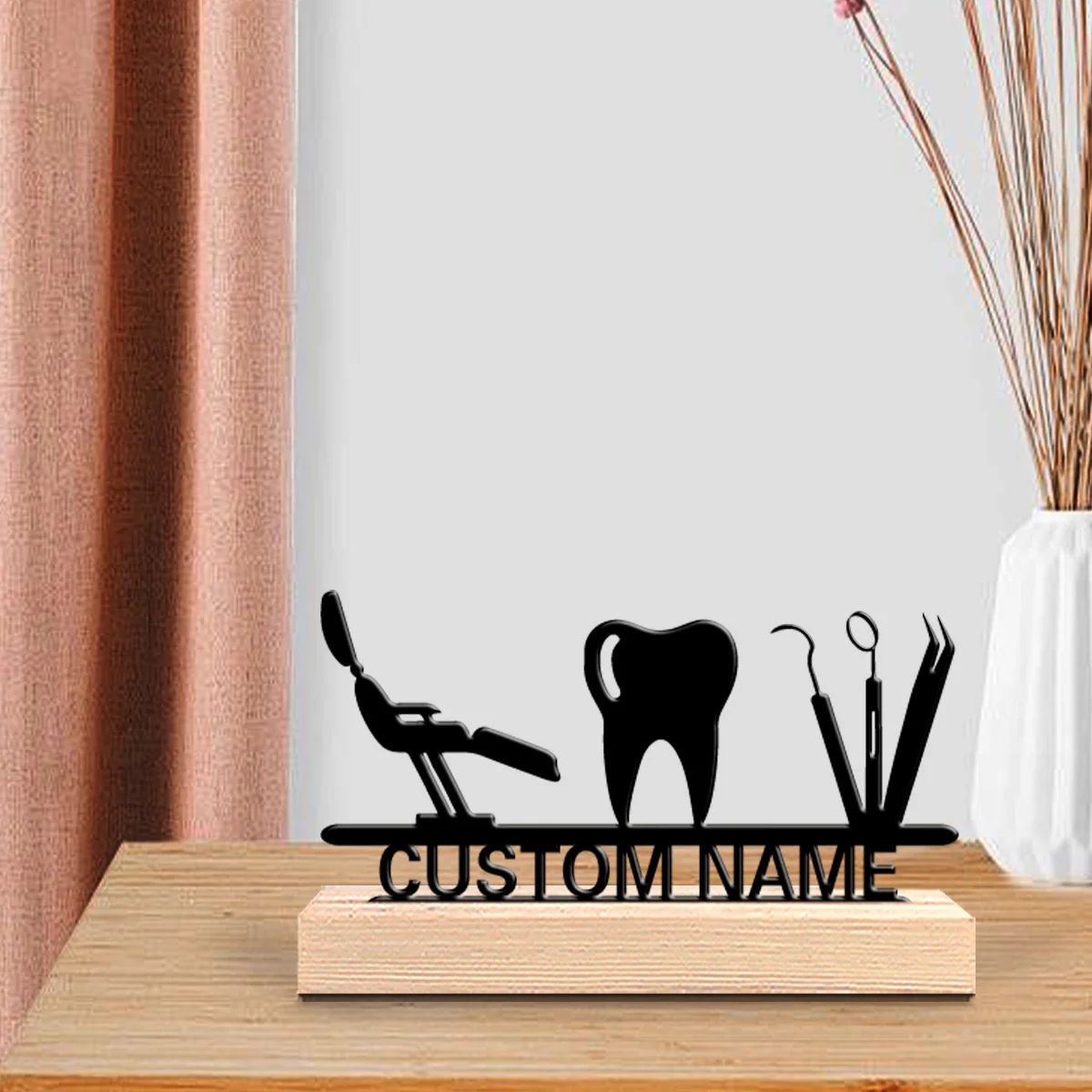 Custom Dentist Desk Decor Metal Art Sculpture with Wooden Base