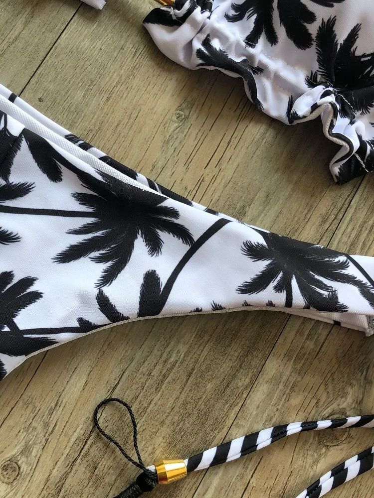 Sexy Black and White Coconut Tree Bikini Set, Women Triangle Halter Swimsuit, Brazilian Style Bathing Suit