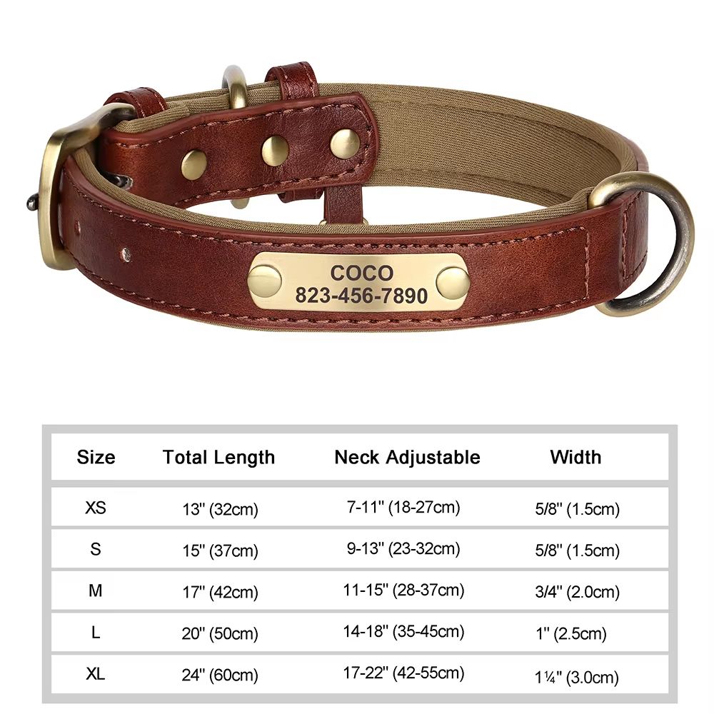 Custom Engraved PU Leather Dog Collar with Personalized ID Nameplate