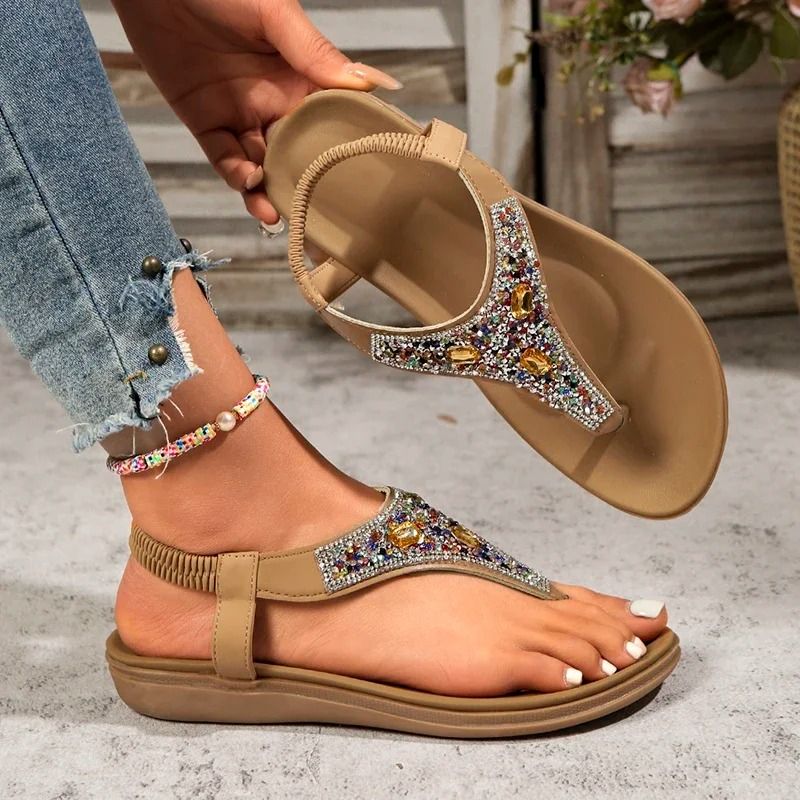 Fashion Rhinestone Bohemian Clip Toe Flats Elastic Band Sandals