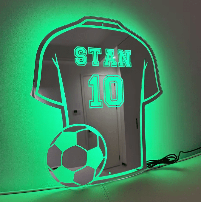 Custom Football Shirt LED Mirror – Personalized Jersey Wall Light for Man Cave & Sports Room Decor