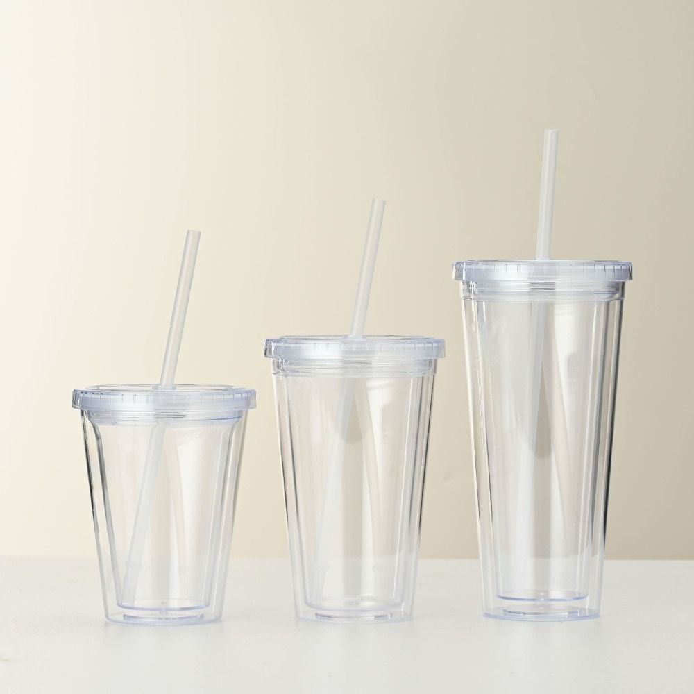 Plastic Clear Tumbler Smoothie Cup with Lid and Straw Transparent Double-Layer Iced Coffee Water Bottle Milk