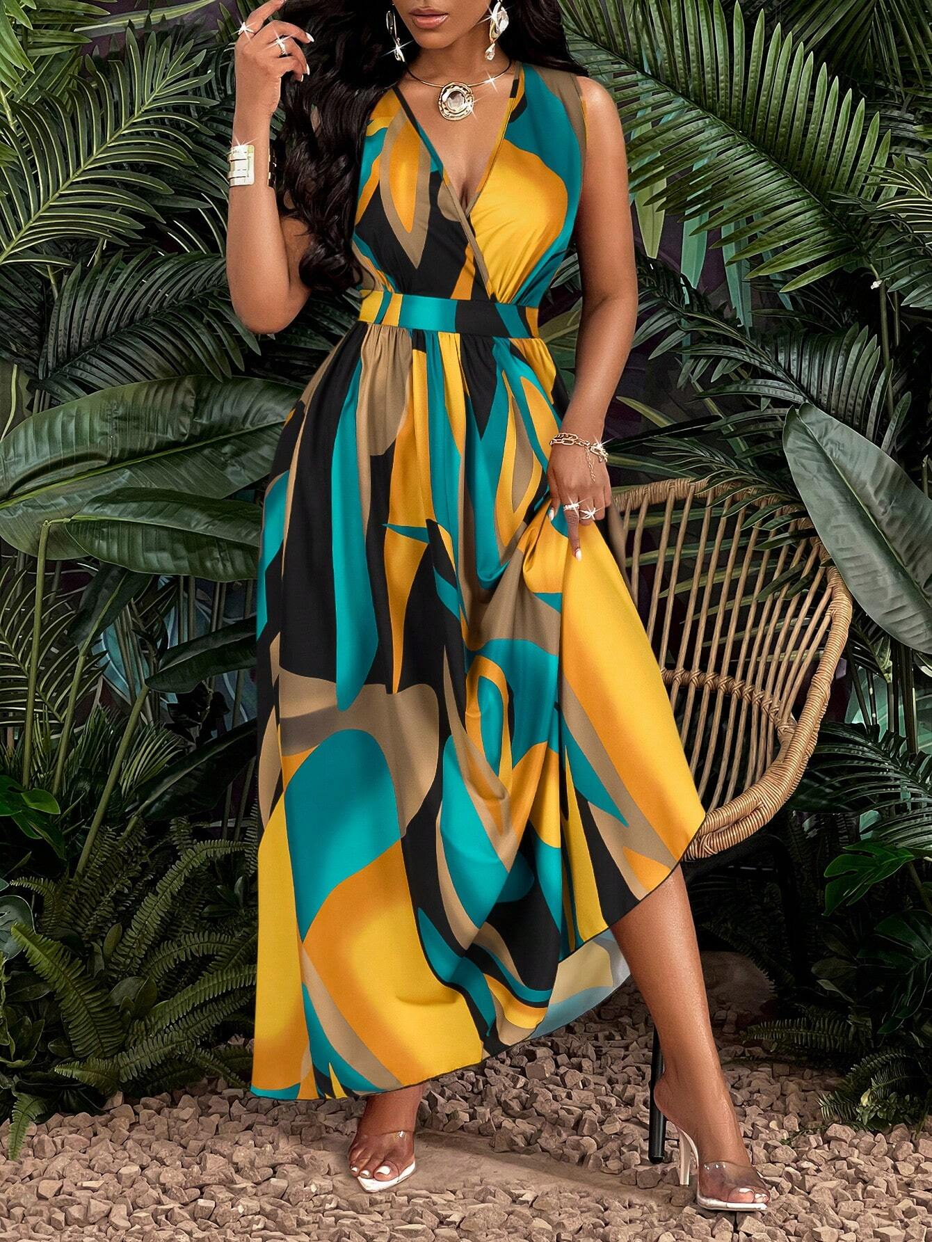 Tropical Print V-Neck Waist Section Cable Knit Fit And Flare Dress, Maxi Women Outfit, Perfect Summer Style
