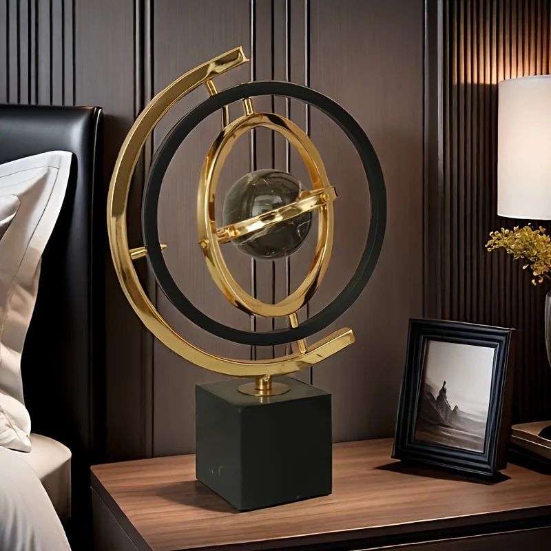 Modern Abstract Metal Globe Decor – Black & Gold Luxury Desk Sculpture