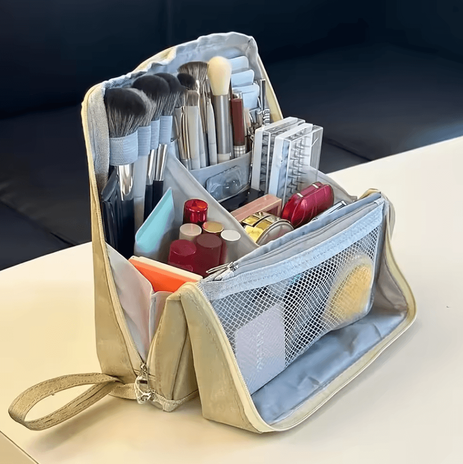Large Capacity Standing Makeup Bag Organizer with Multi-Compartment Storage