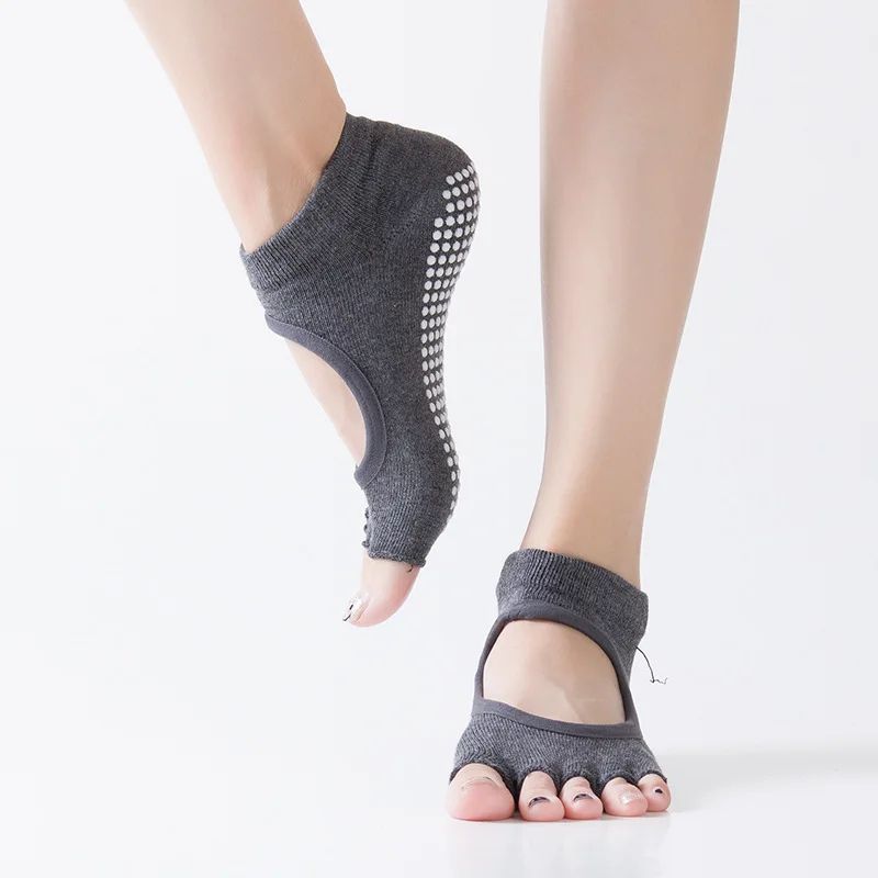 Womens Five-Toe Backless Non-Slip Pilates Socks – Breathable Cotton Yoga & Ballet Fitness Grip Socks